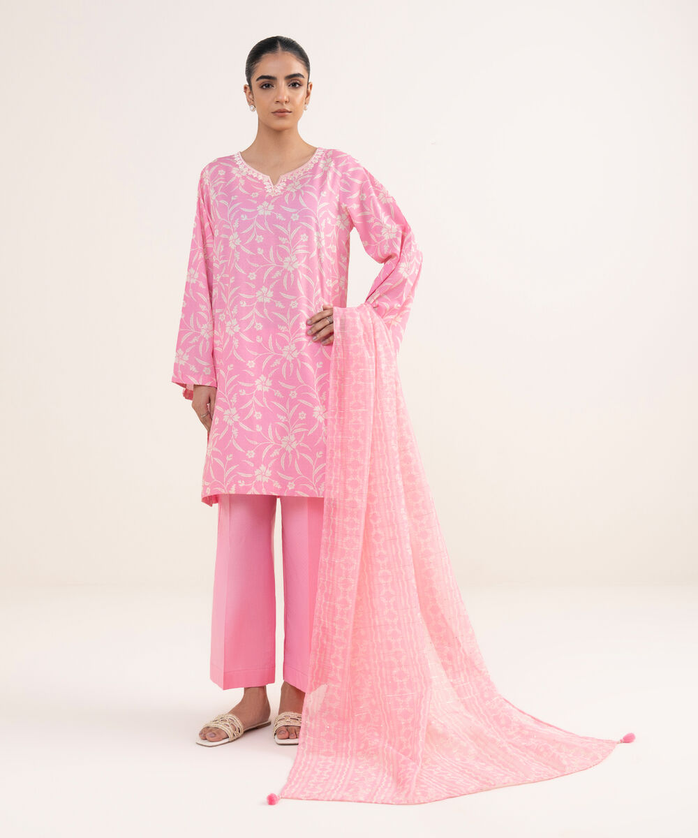 Women's RTW Textured Lawn Pink Embroidered Straight Shirt