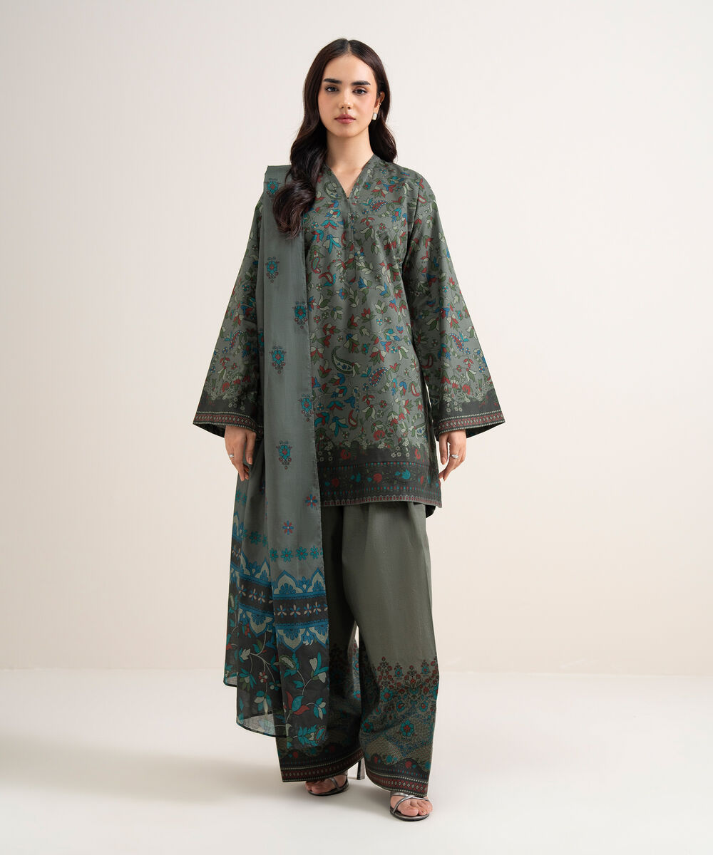 Women's Unstitched Lawn Printed Dark Grey 3 Piece Suit