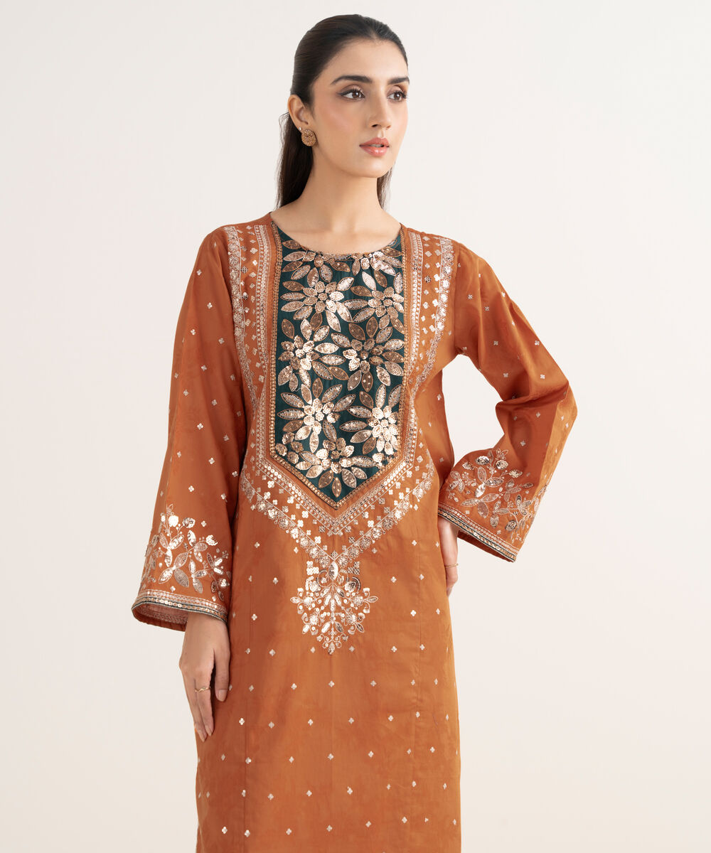 Women's RTW Self Jacquard Leno Embroidered Orange A-Line Shirt