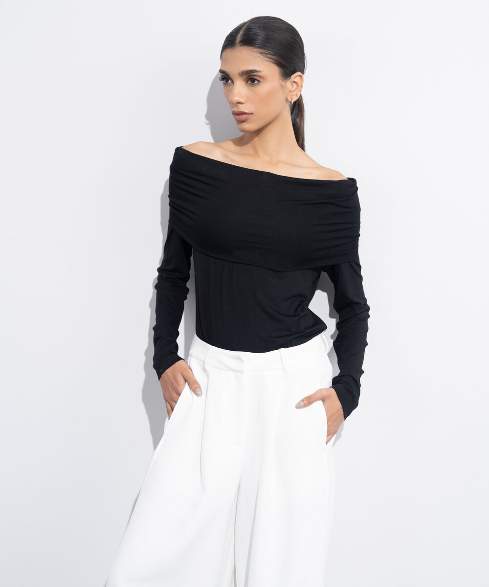 Women's Western Wear Black Gathered Off-Shoulder Top