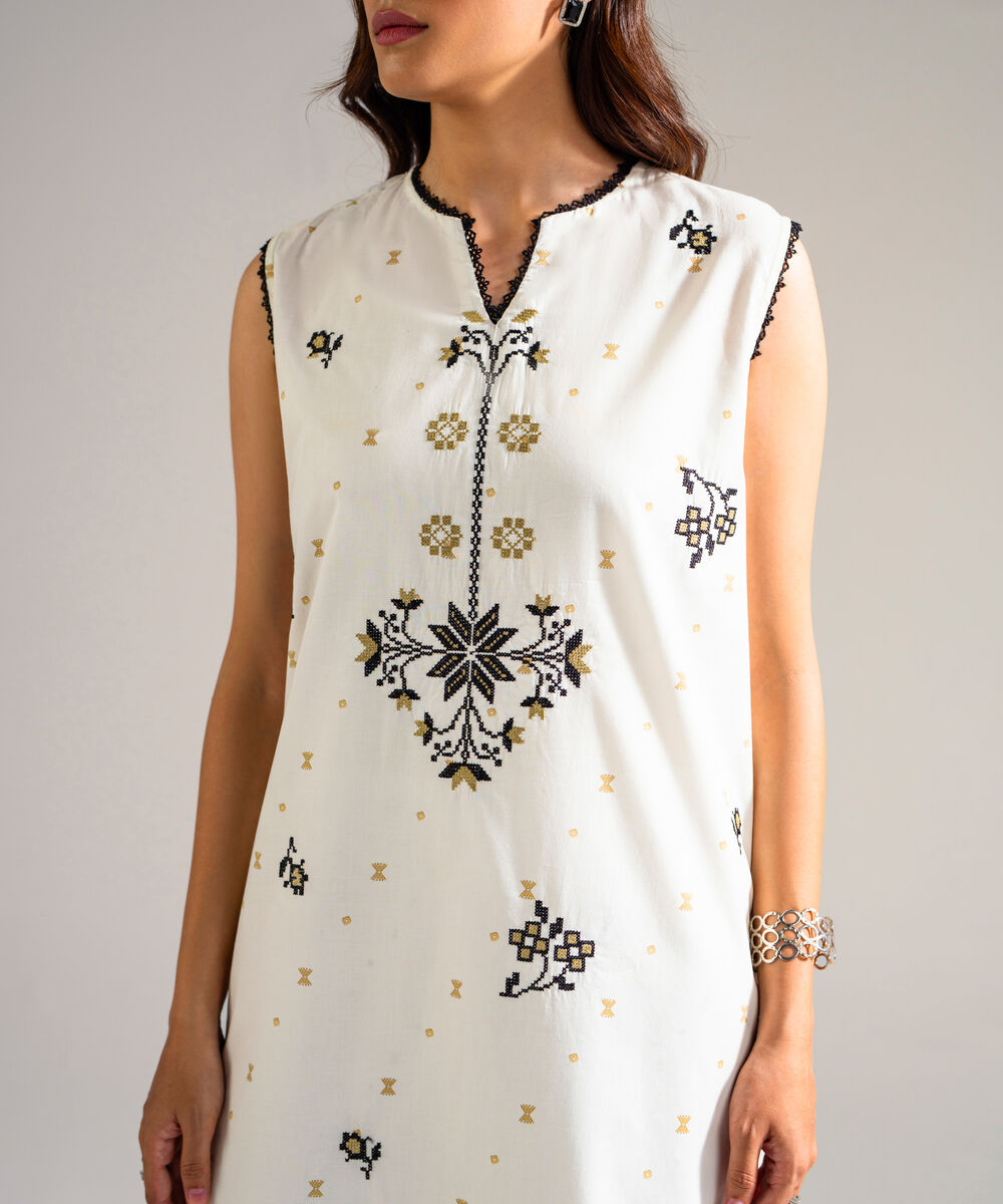 Women's RTW Lawn Embroidered White Straight Shirt