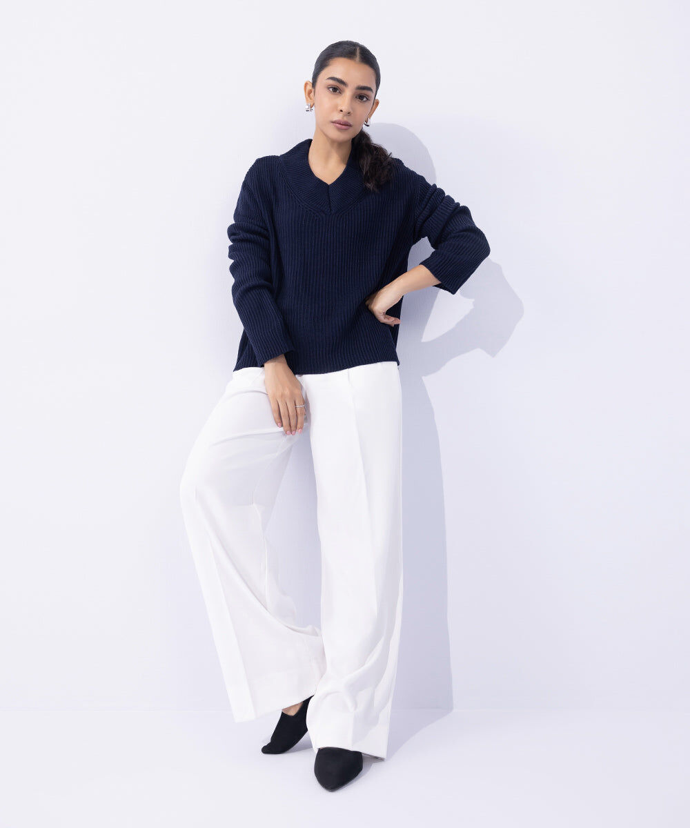 Woman - Blue V Neck Knit Sweater