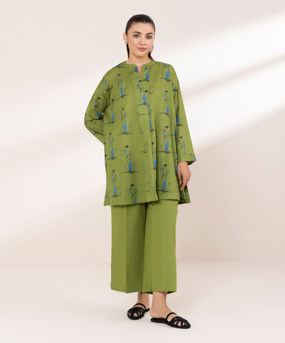 Women's RTW Lawn Green Printed Boxy Shirt