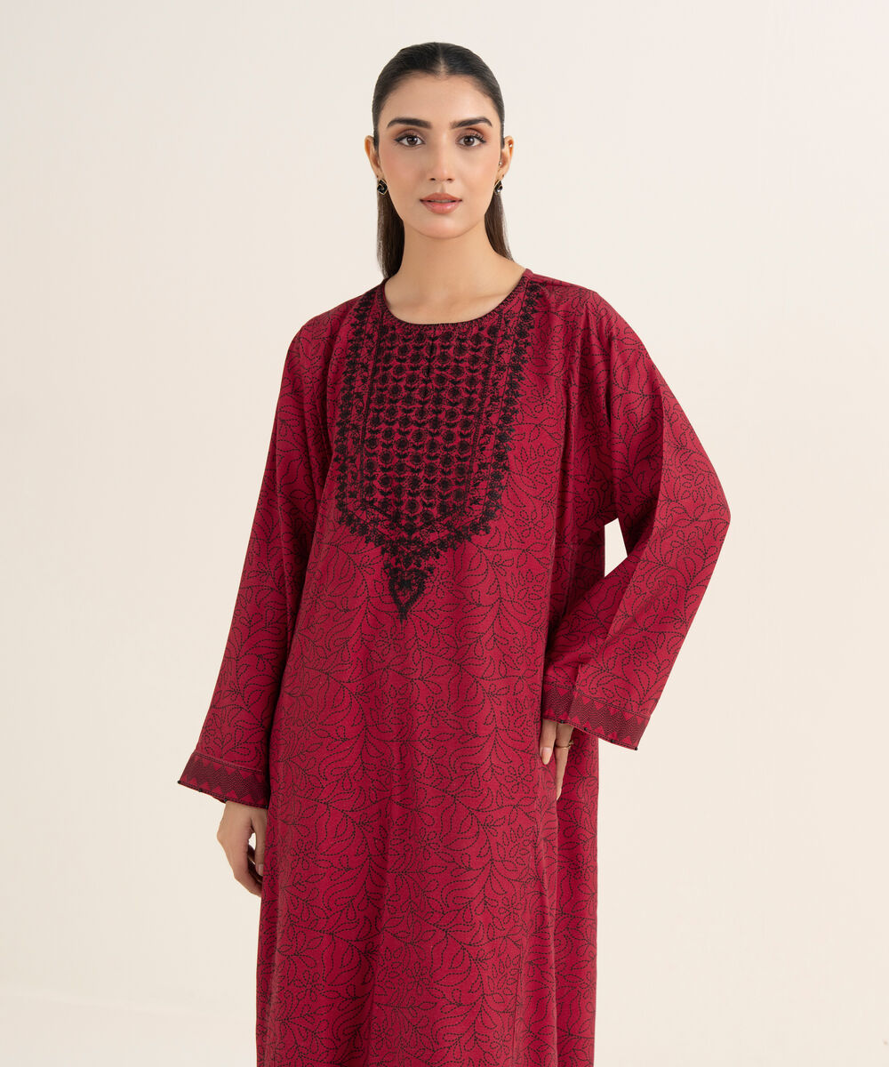 Women's RTW Herringbone Embroidered Red A-Line Shirt