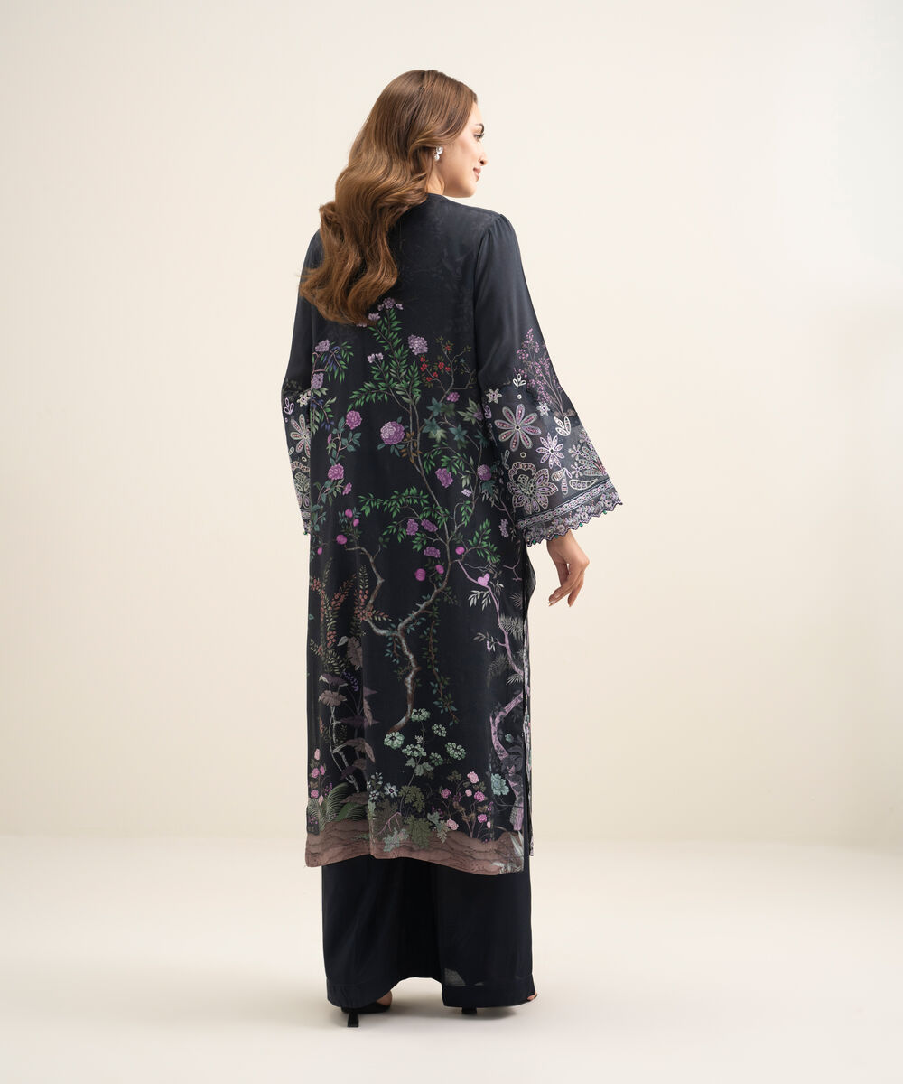 Women's RTW Viscose Raw Silk Embroidered Blue 2 Piece Suit