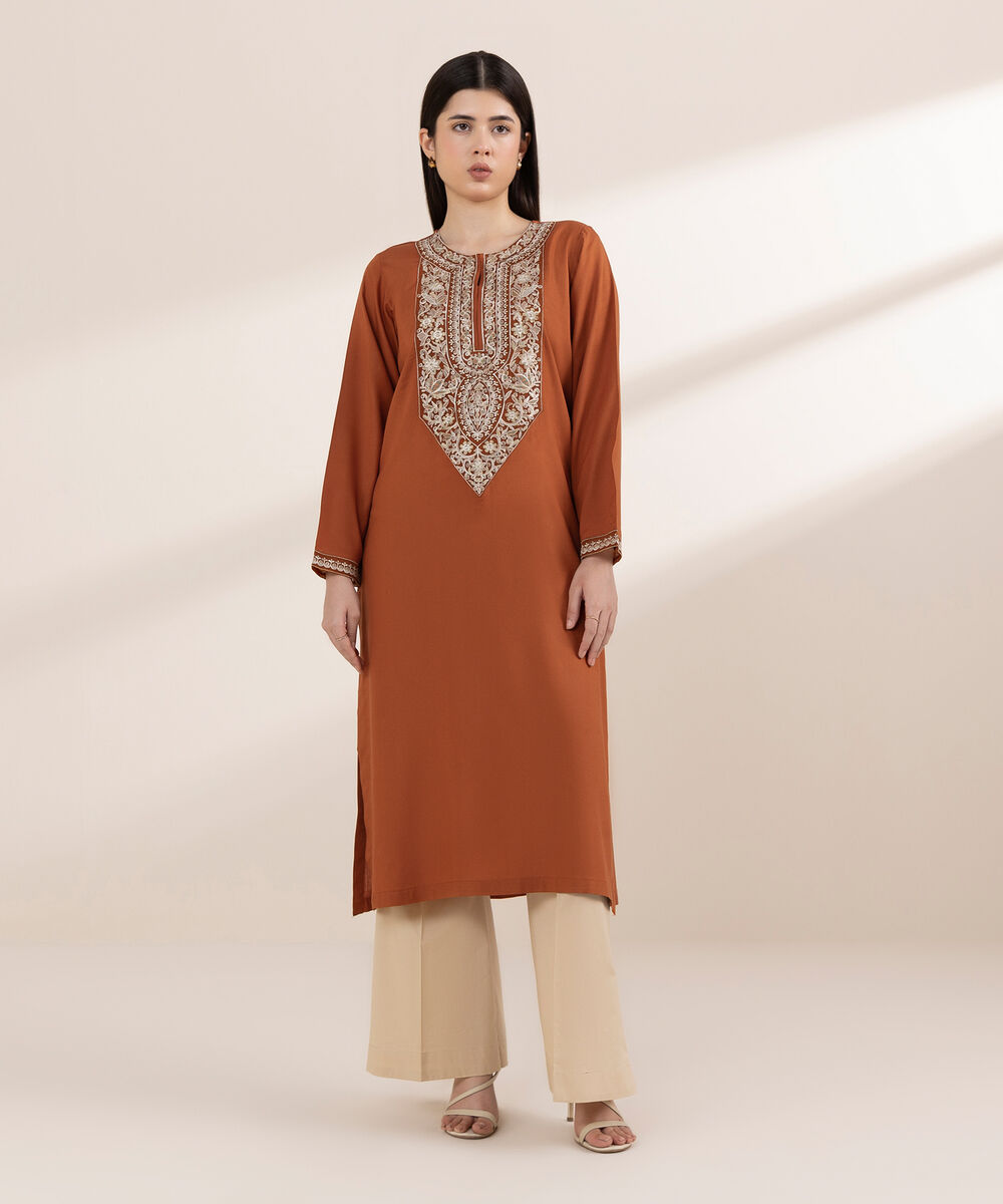Women's RTW Arabic Lawn Orange Embroidered A-Line Shirt