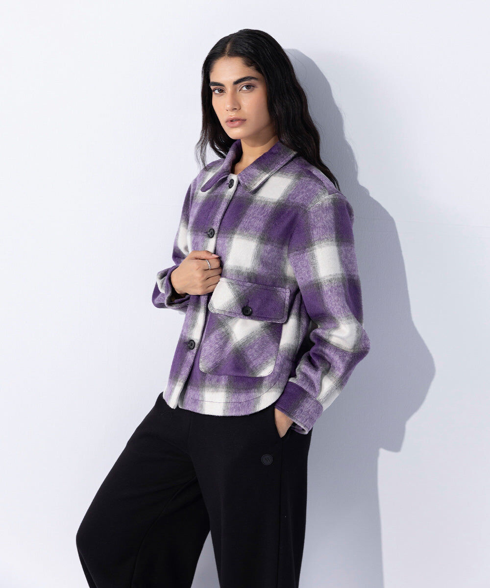 Woman - Purple Fuzzy Checkered Overshirt