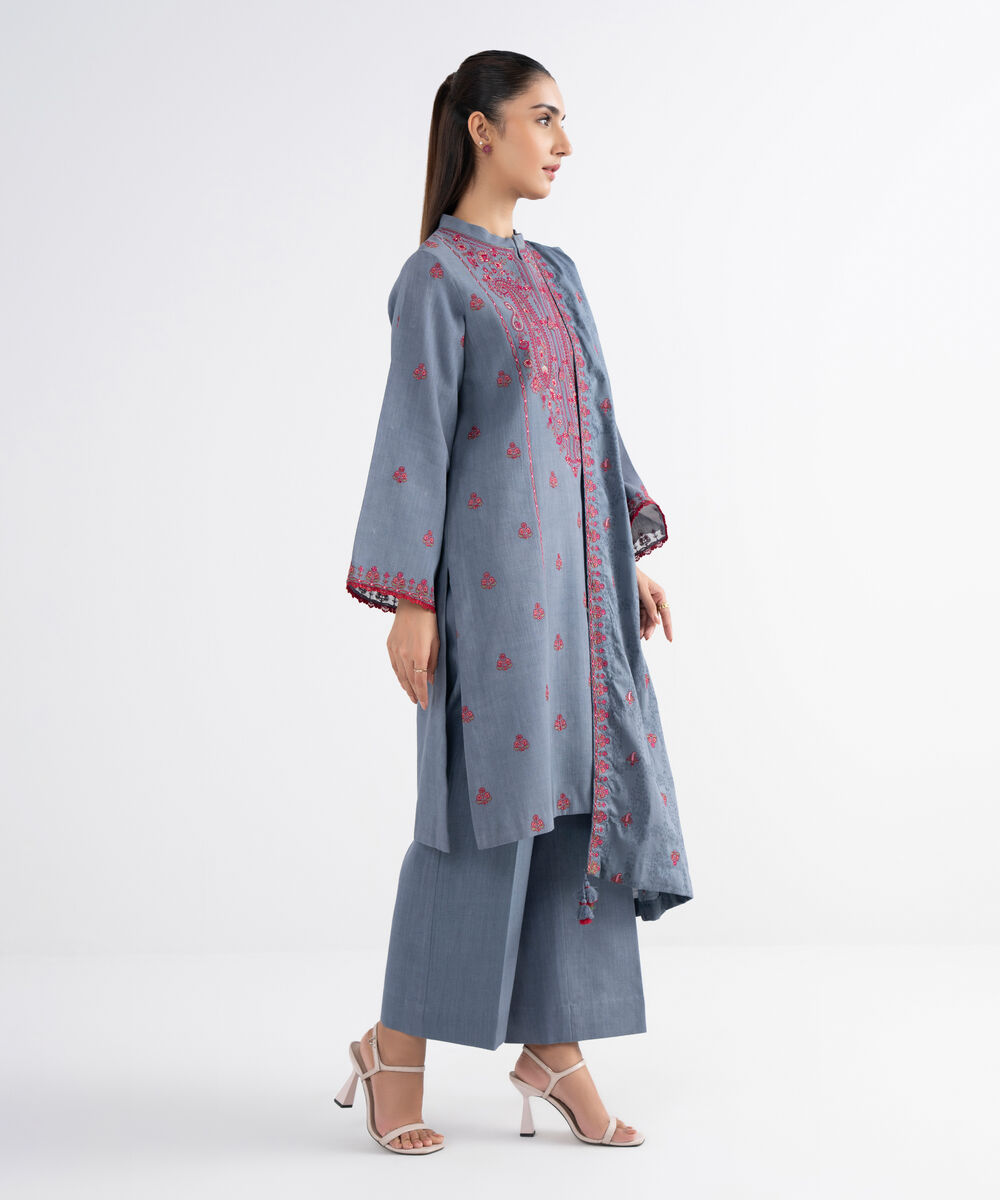 Women's Unstitched Cross Hatch Embroidered Grey 3 Piece Suit