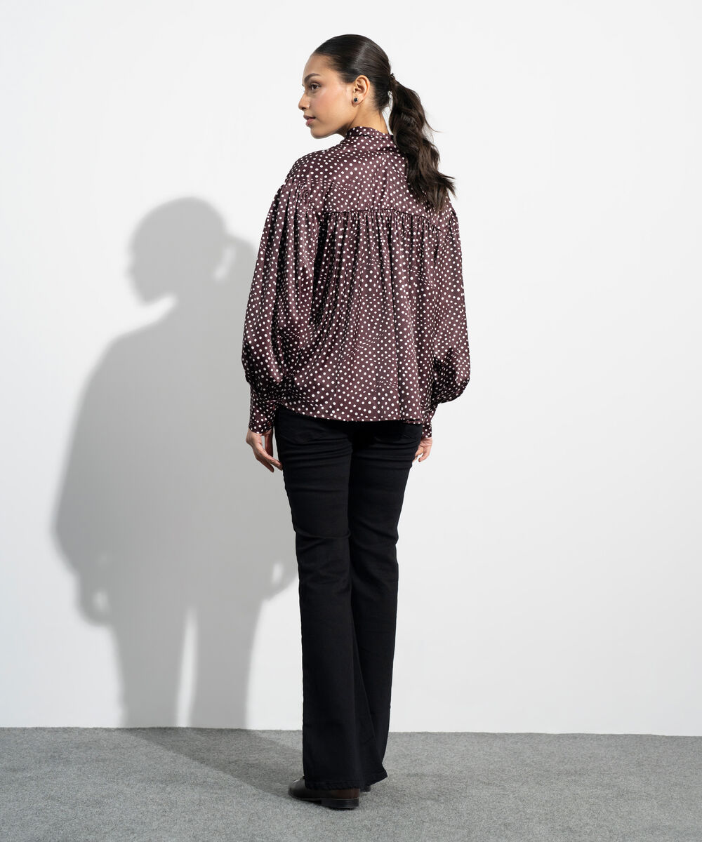 Women's Western Maroon Polka Dot Satin Blouse