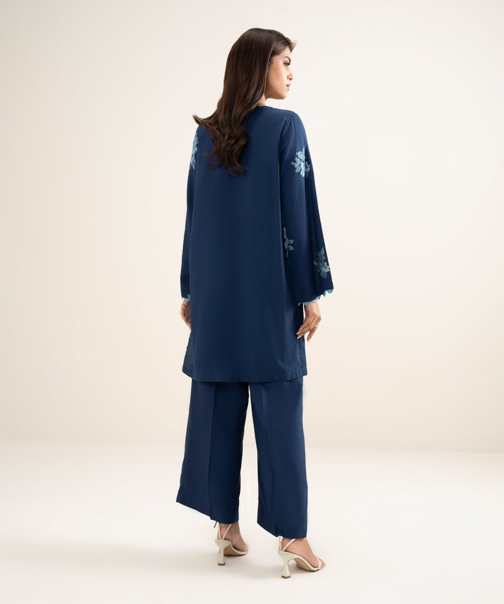 Women's RTW Cotton Viscose Embroidered Blue Straight Shirt
