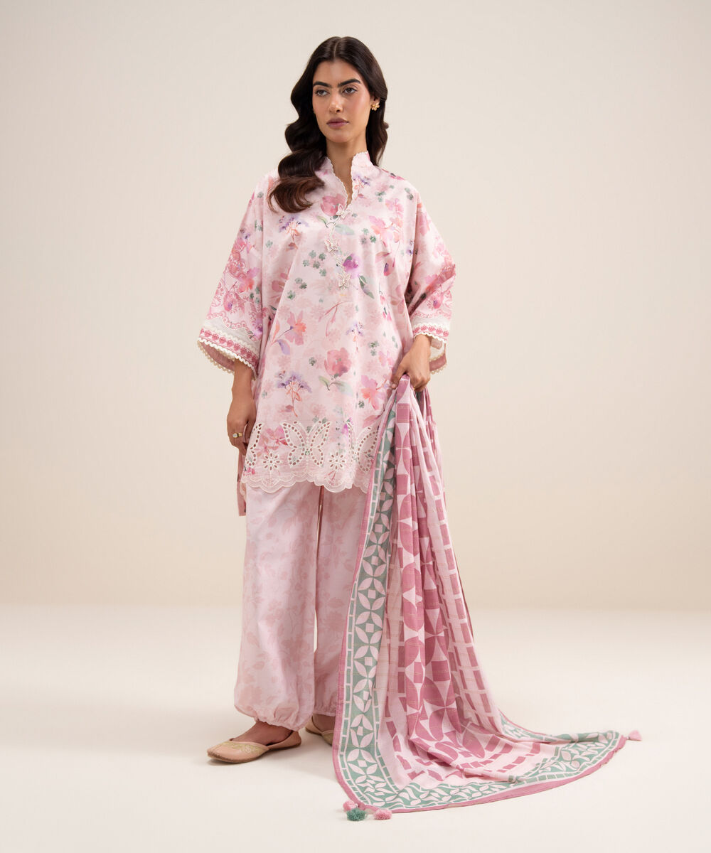 Women's Unstitched Zari Lawn Embroidered Pink 3 Piece Suit