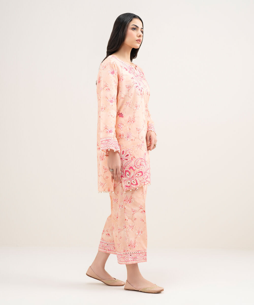 Women's RTW Zari Cotton Embroidered Pink Straight Shirt