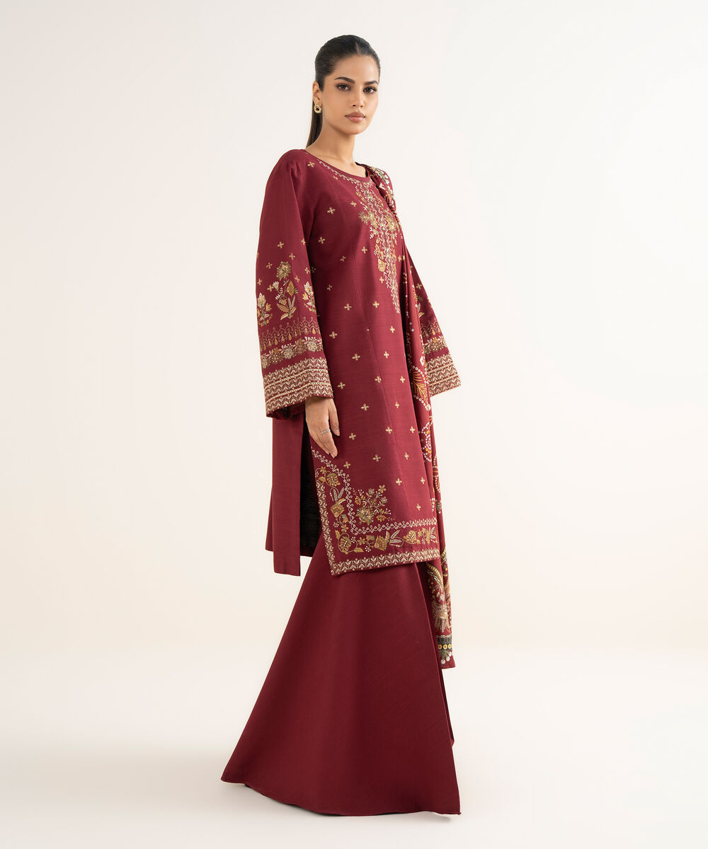 Women's Unstitched Light Khaddar Embroidered Red 3 Piece Suit