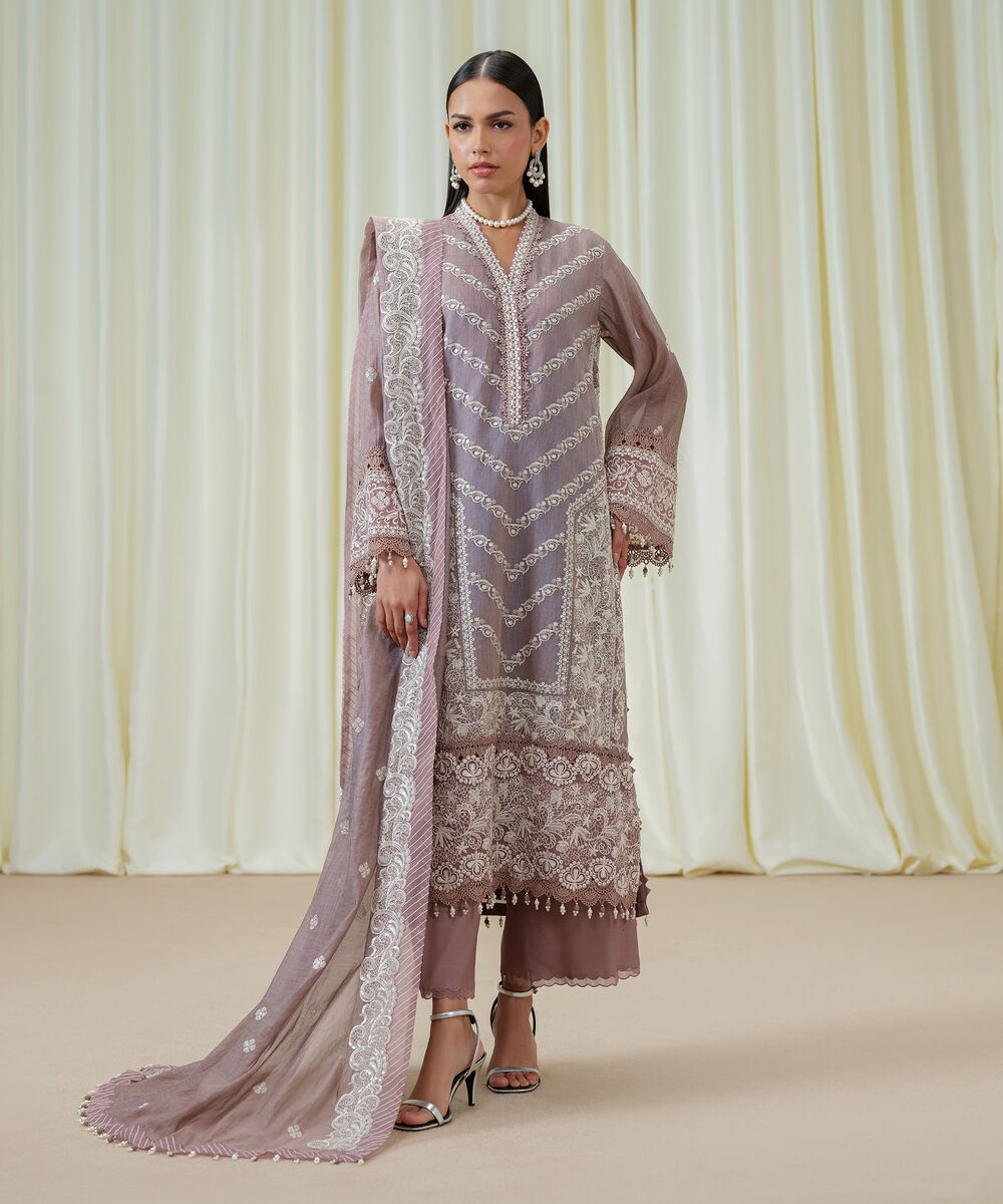 Women's Unstitched Blended Muslin Embroidered Pink 3 Piece Suit