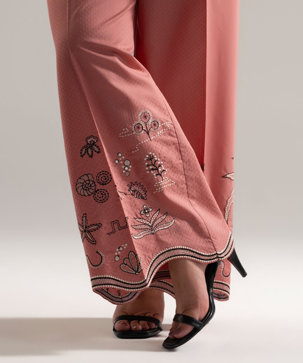 Women's RTW Dobby Embroidered Pink Straight Pants