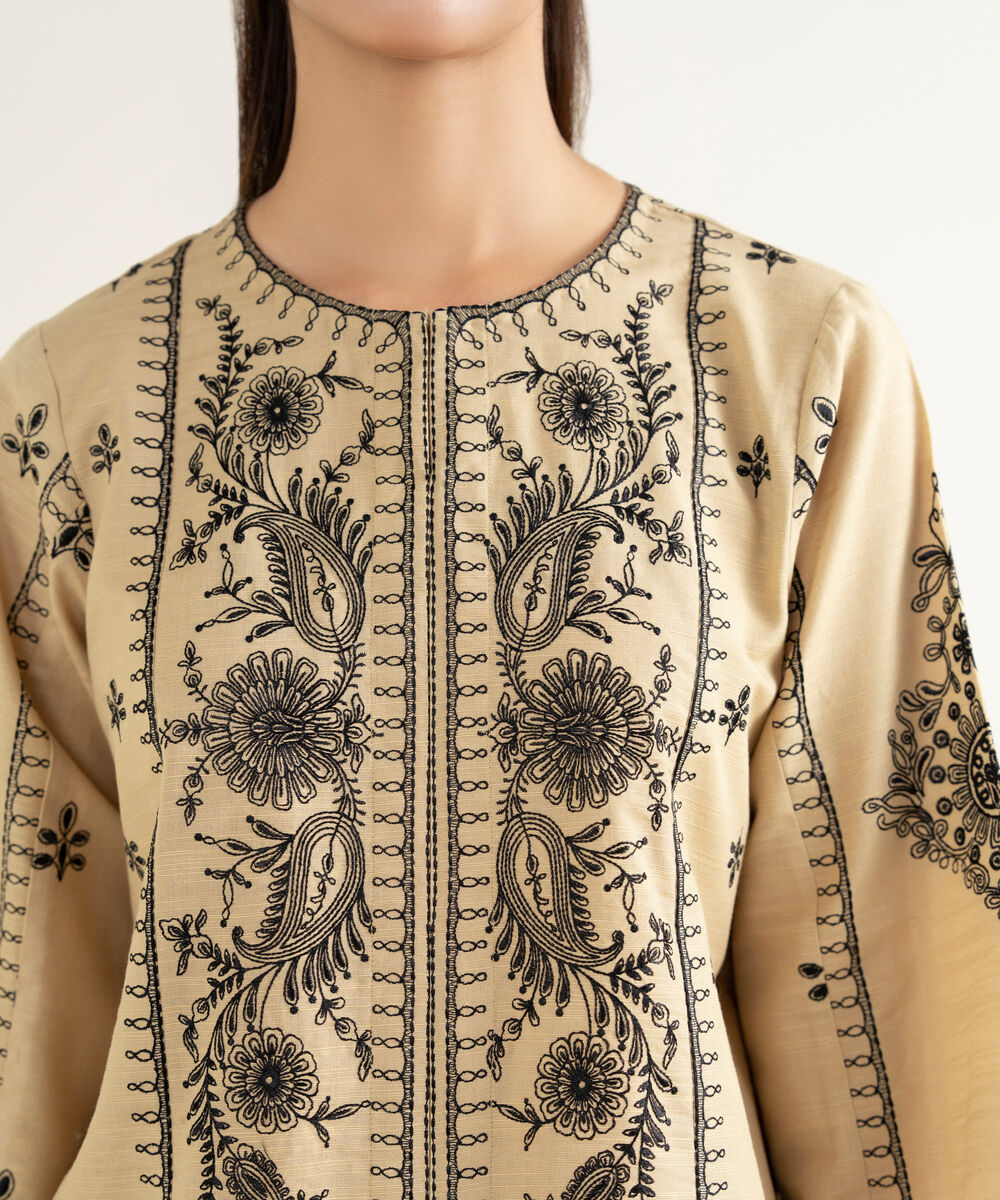 Women's RTW Khaddar Embroidered Beige Straight Shirt