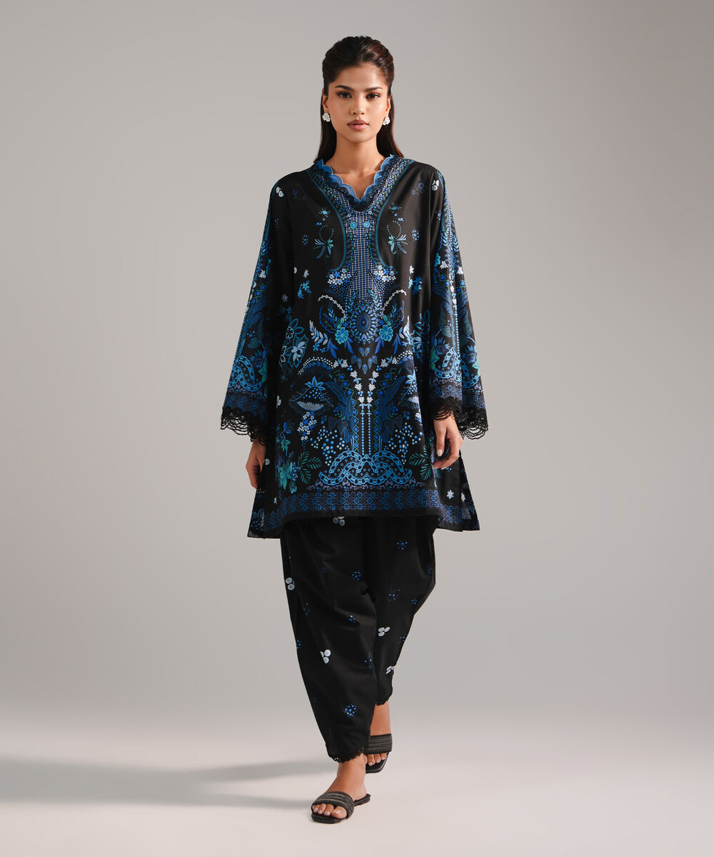 Women's RTW Lawn Printed Black 2 Piece Suit