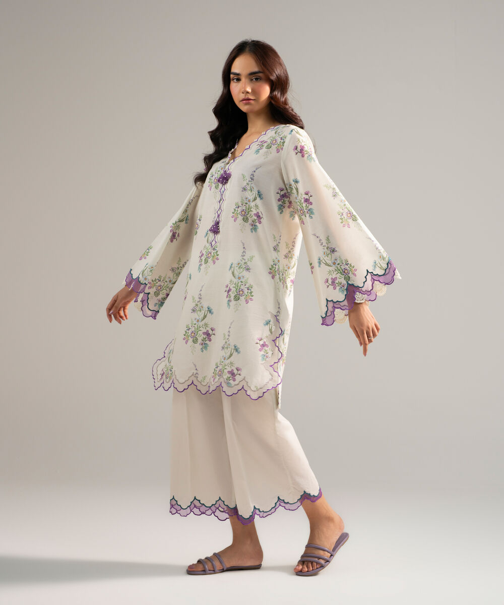 Women's RTW Slub Lawn Embroidered White 2 Piece Suit