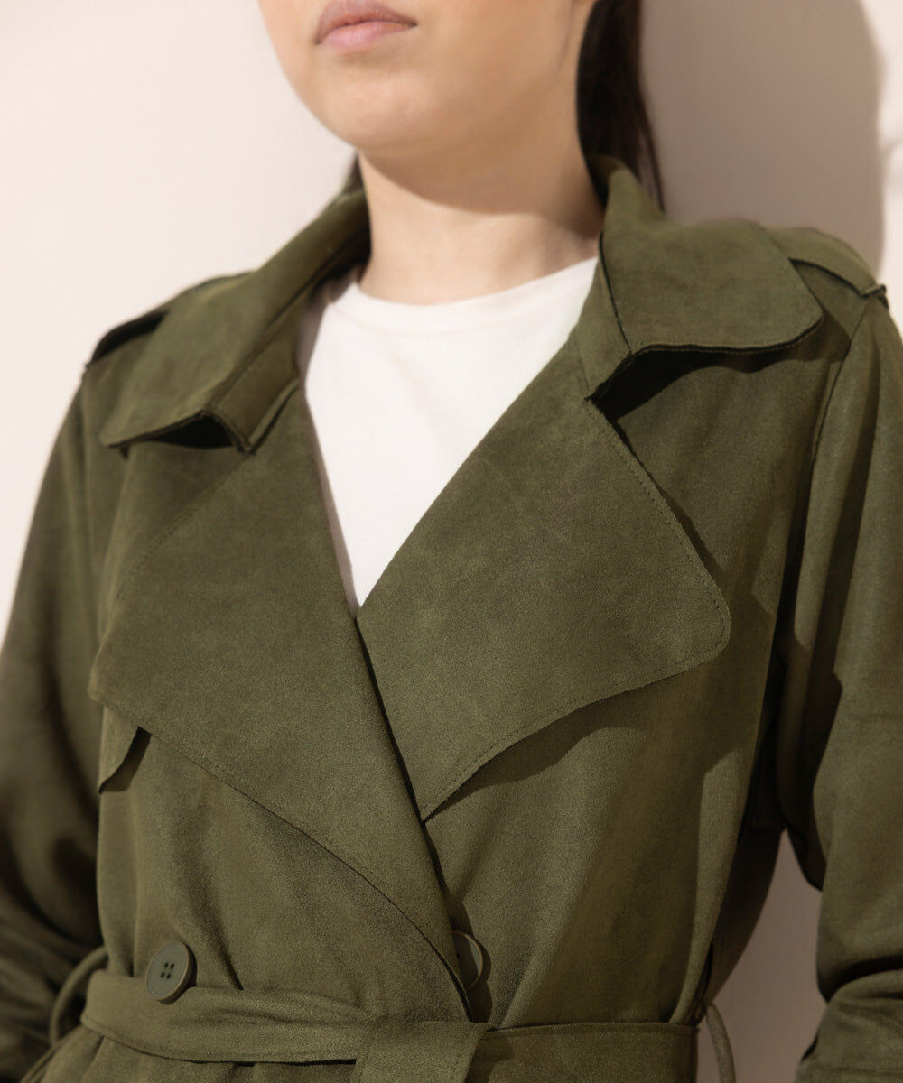 Woman - Green Suede Trench Coat with Belt