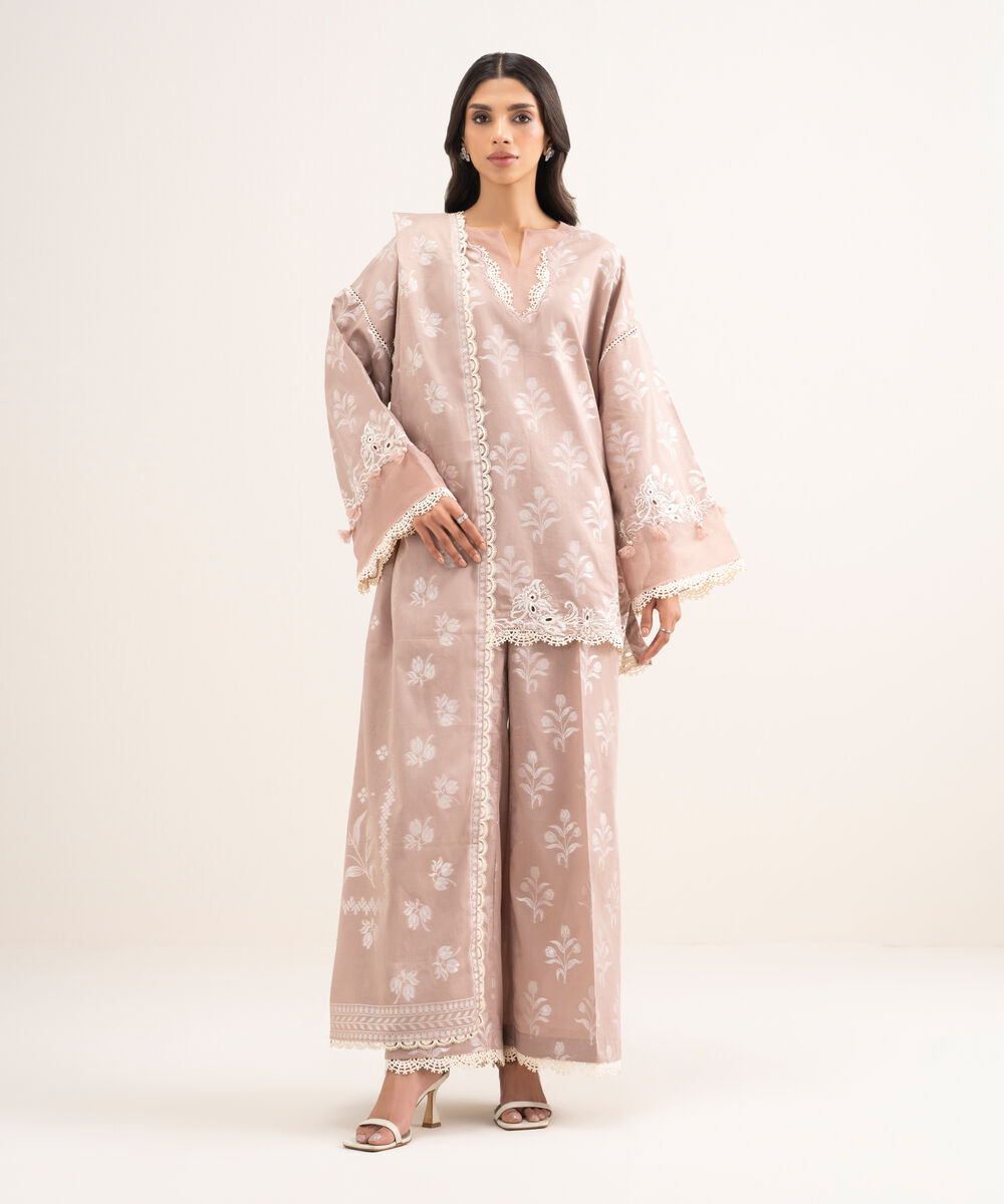 Women's RTW Self Jacquard Embroidered Beige 2 Piece Suit