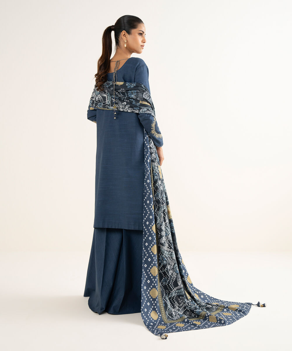 Women's Unstitched Textured Cotton Embroidered Blue 3 Piece Suit