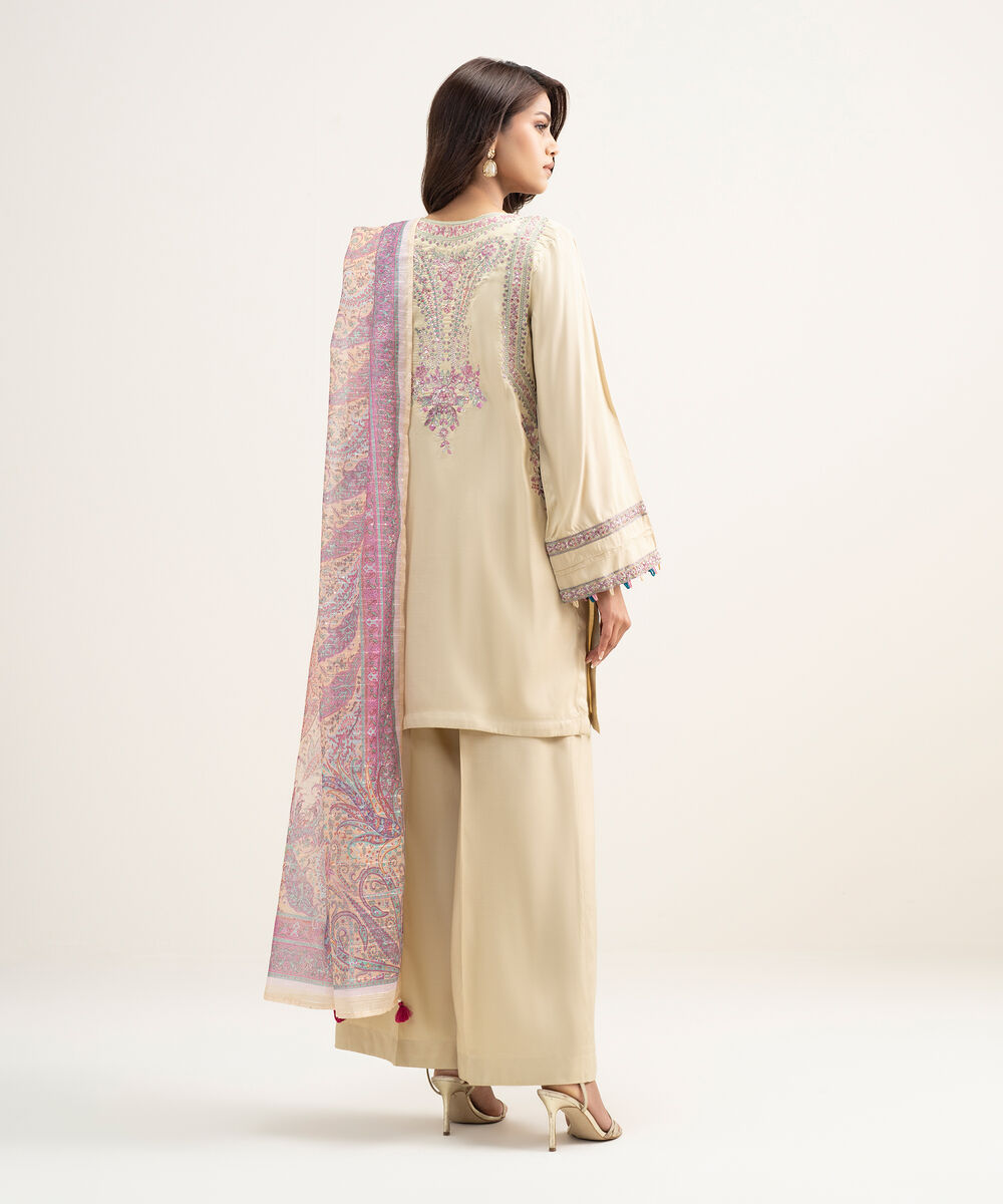 Women's RTW Viscose Raw Silk Embroidered Beige 3 Piece Suit