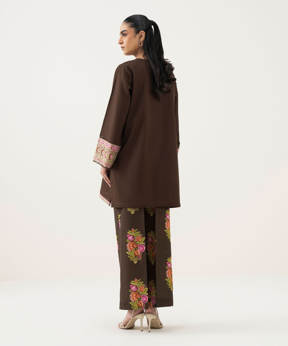 Women's RTW Cambric Embroidered Brown Straight Shirt