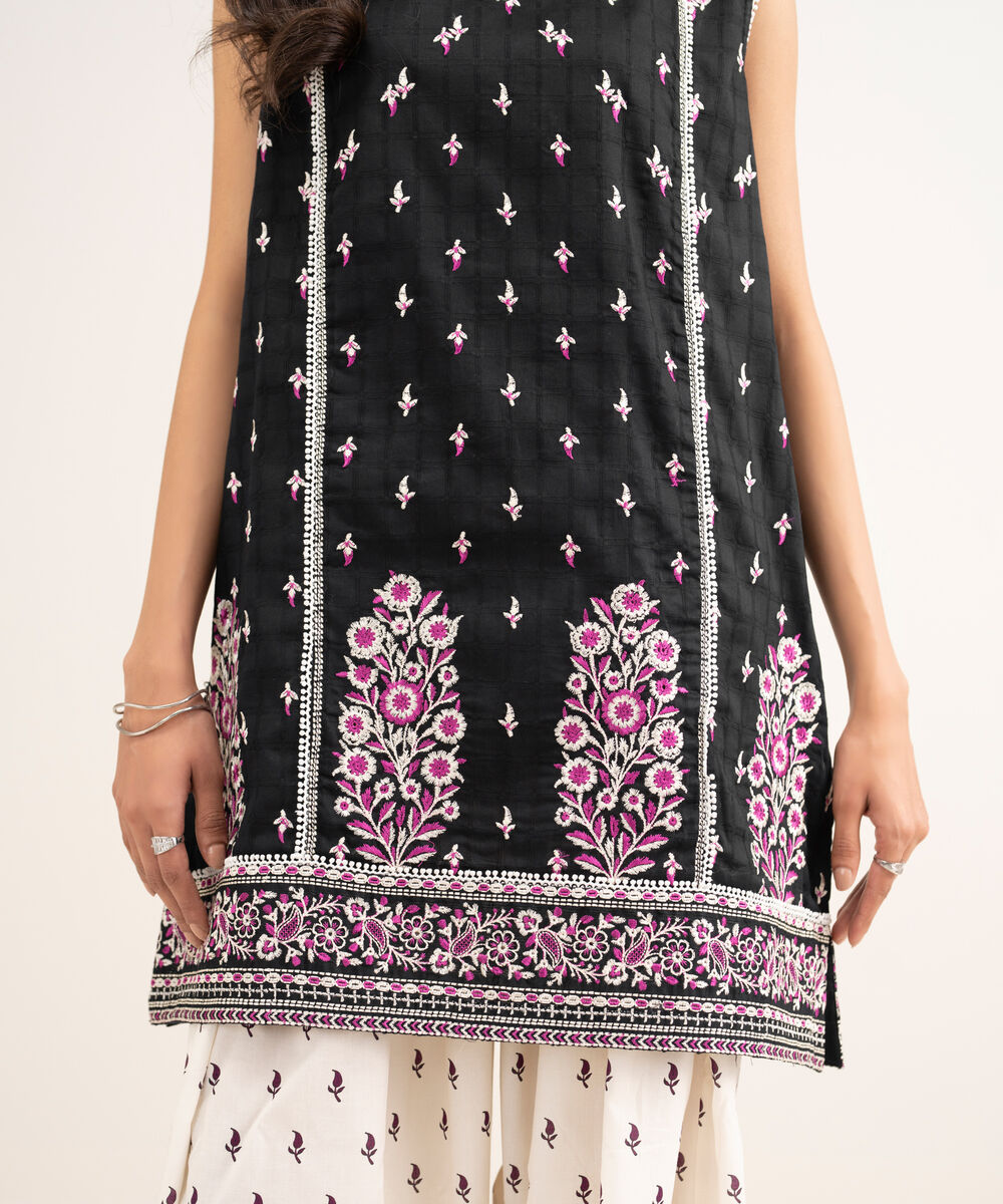 Women's RTW Cambric Embroidered Black Straight Shirt