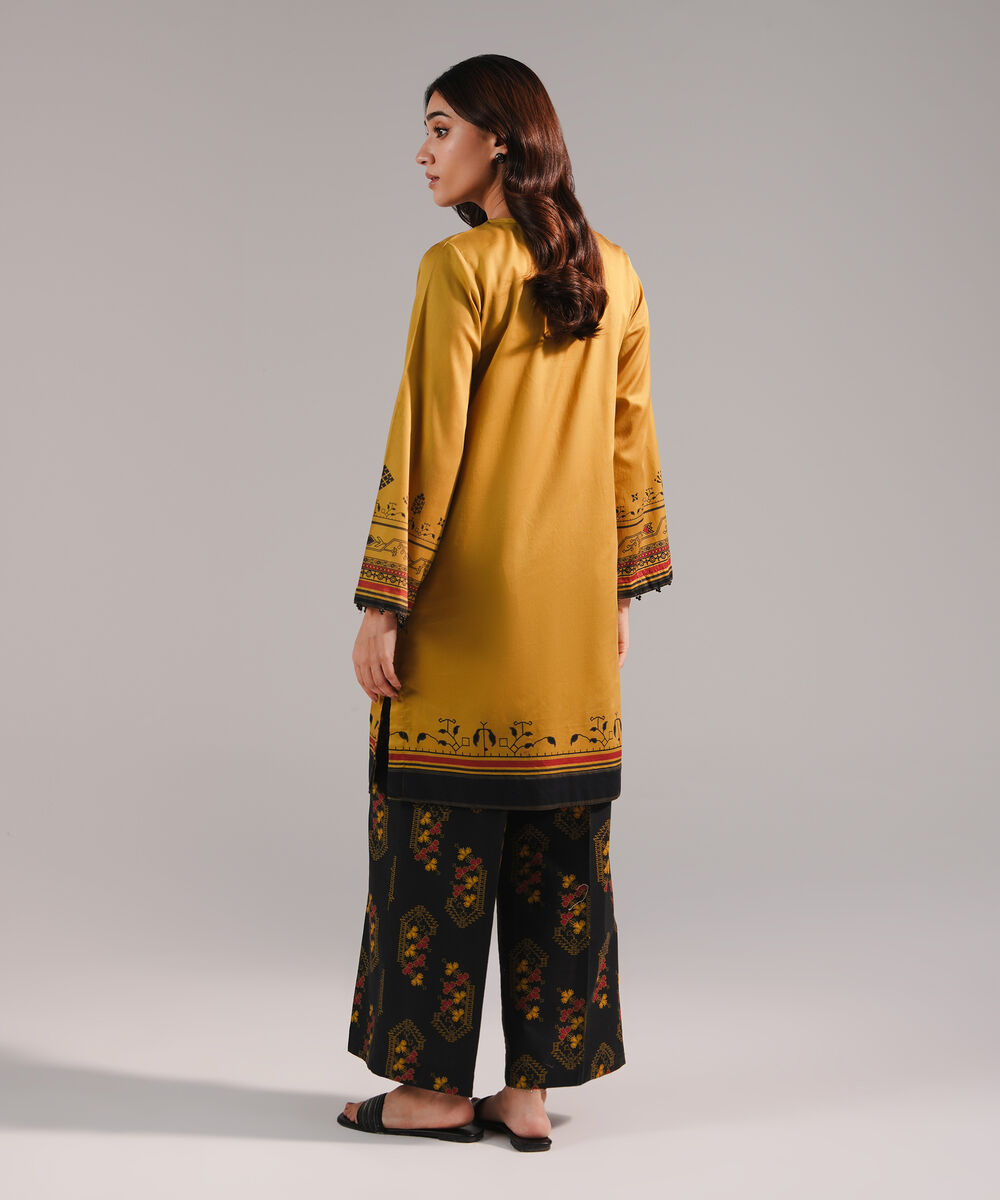Women's RTW Cotton Satin Printed Mustard Straight Shirt
