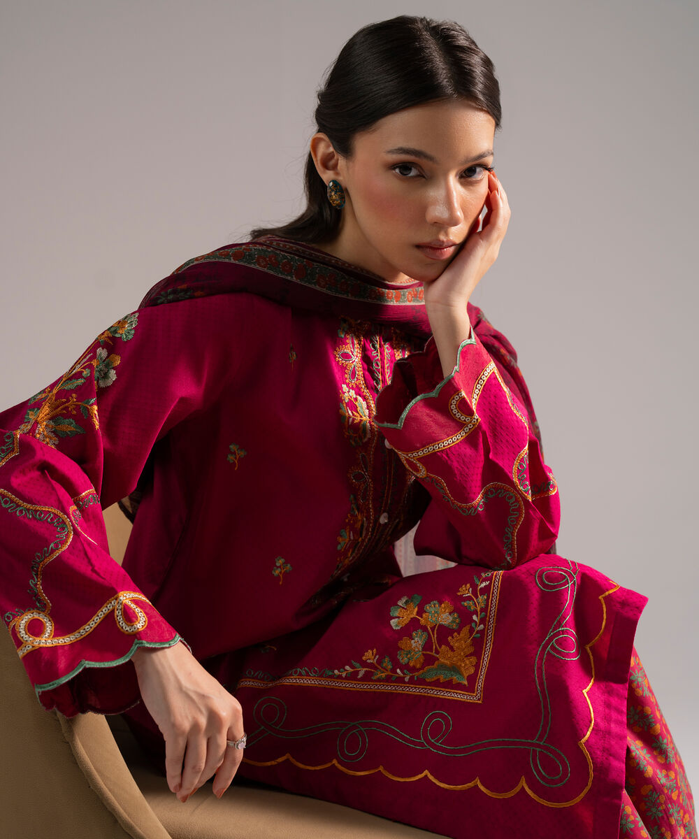 Women's RTW Dobby Embroidered Pink 3 Piece Suit