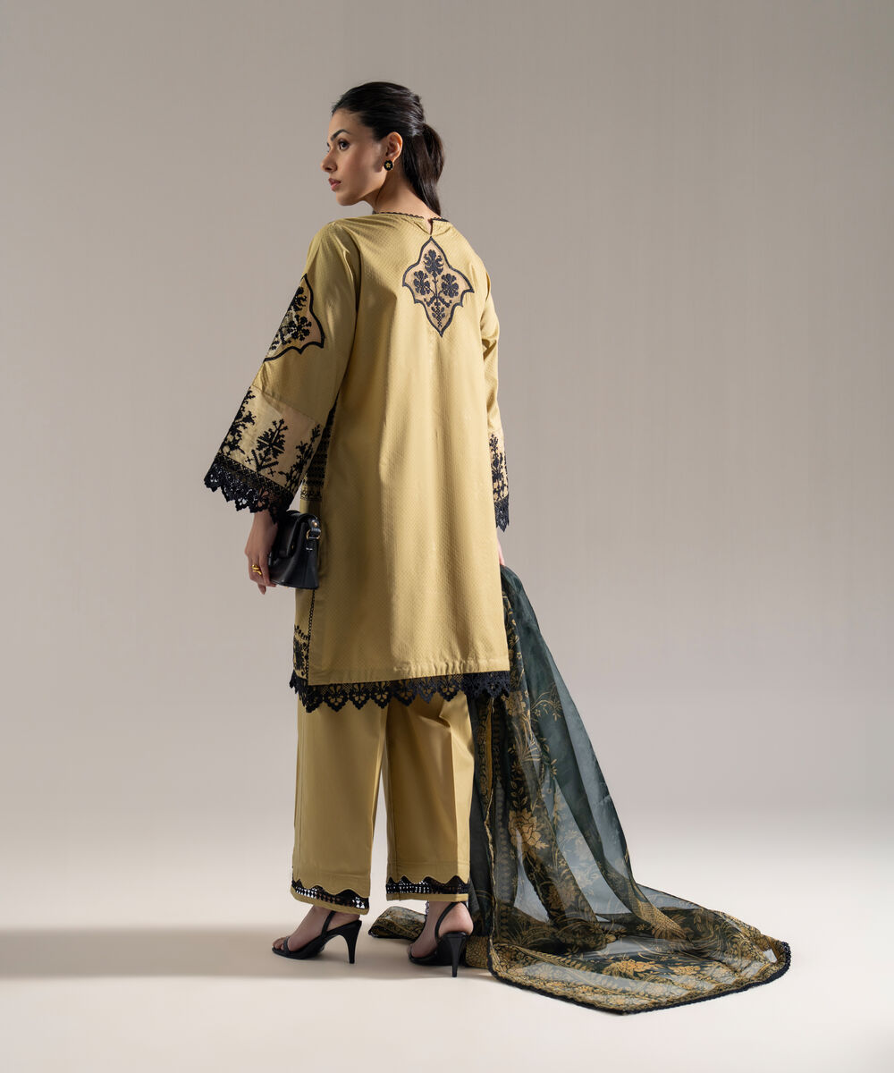 Women's RTW Fine Voil Solid Embroidered Beige 3 Piece Suit