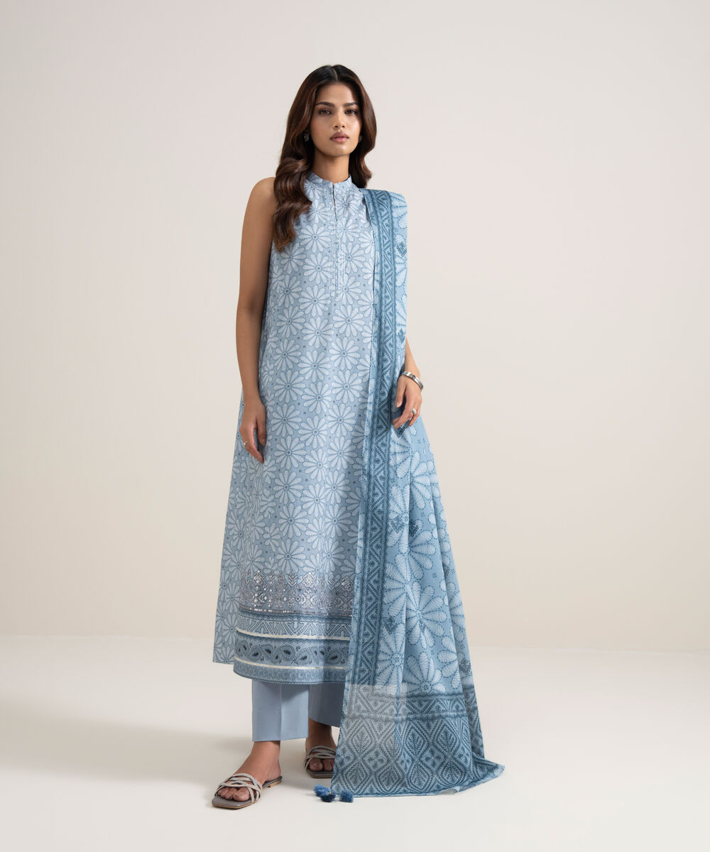Women's Unstitched Lawn Embroidered Ice Blue 3 Piece Suit