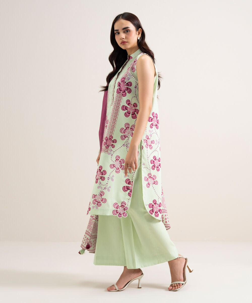 Women's Unstitched Cotton Printed Light Green  3 Piece Suit