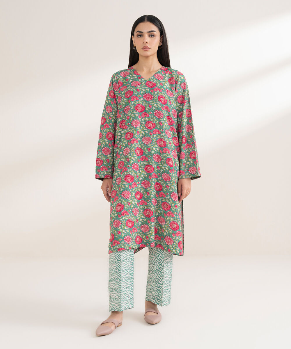 Women's RTW Arabic Khaddar Printed Straight Green Shirt