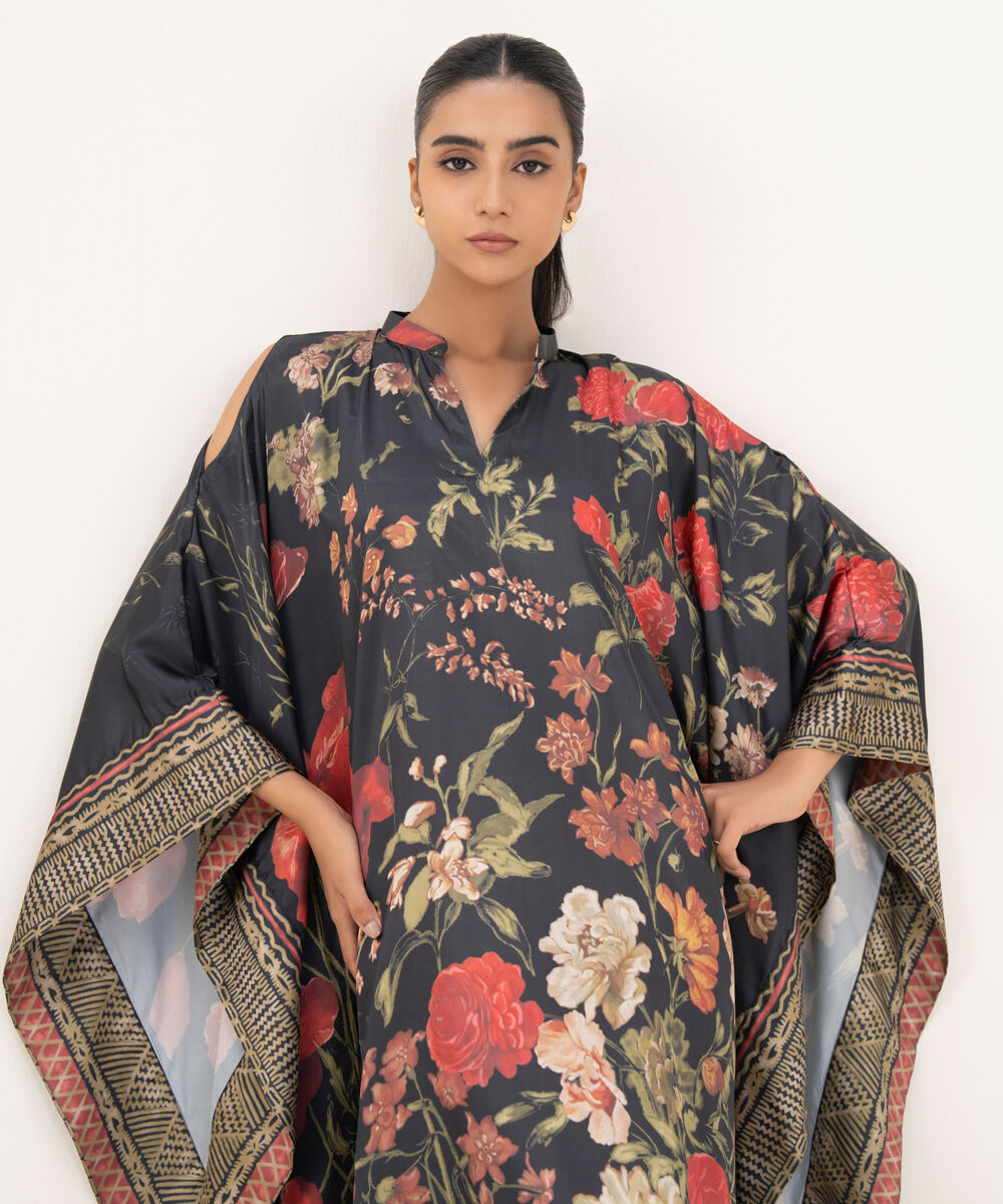 Women's RTW Blended Satin Black Printed Kaftan
