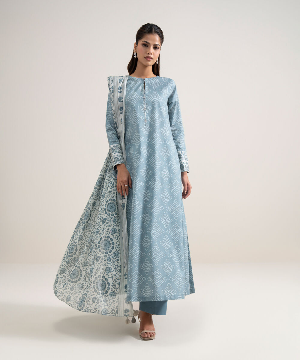 Women's Unstitched Lawn Printed Ice Blue and Off White 3 Piece Suit