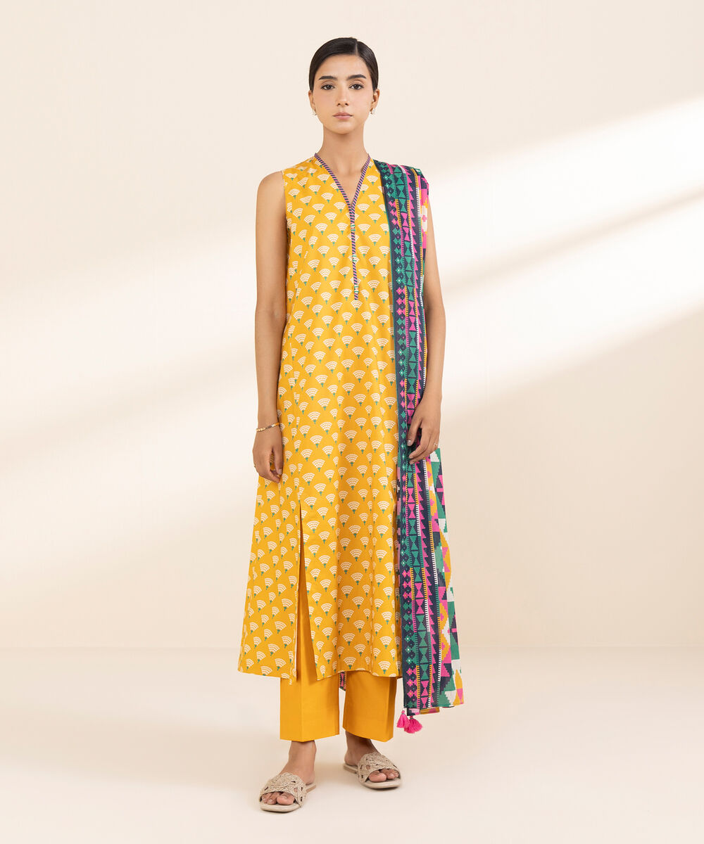 Women's Unstitched Lawn Printed Yellow 3 Piece Suit