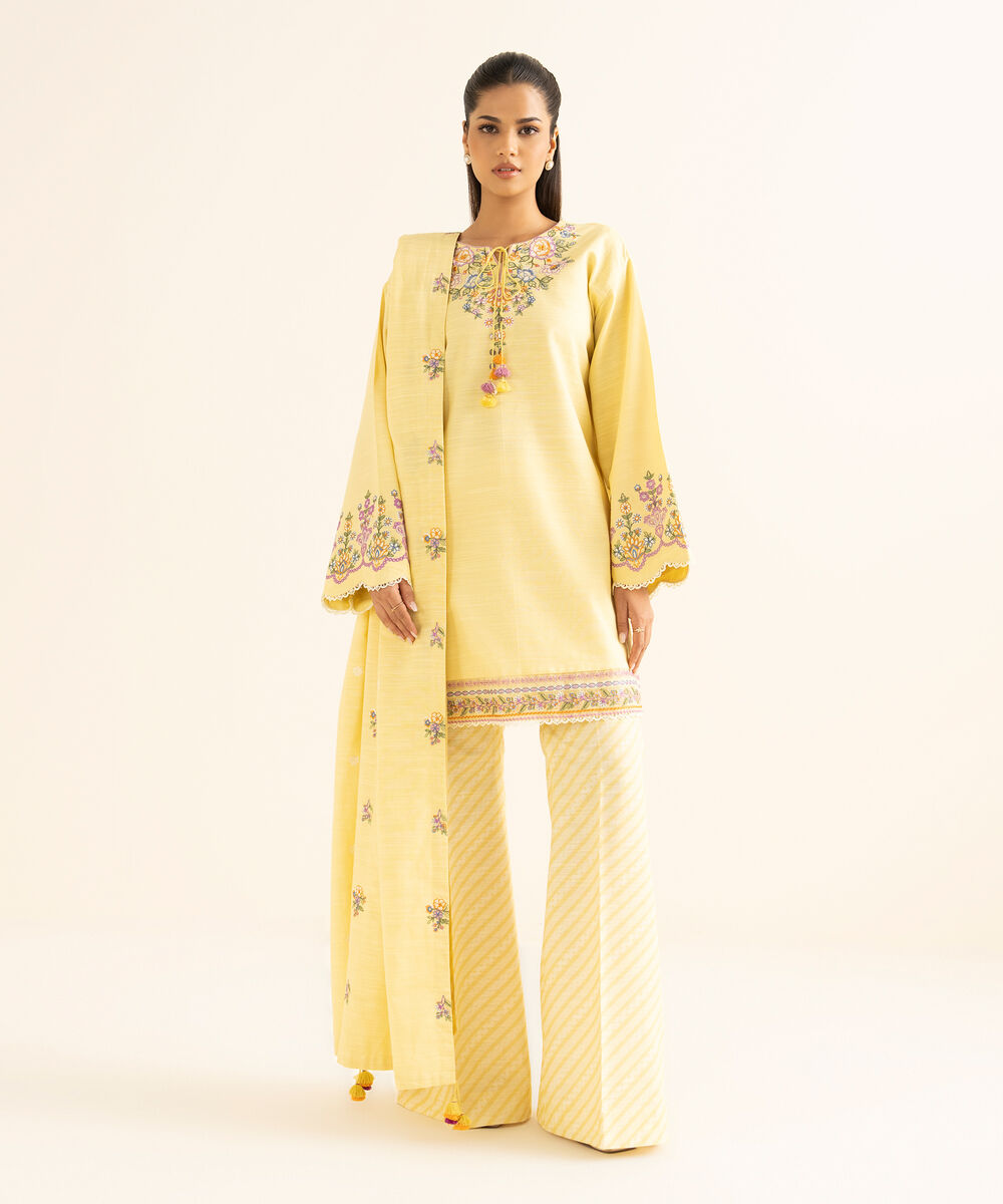 Women's Unstitched Khaddar Embroidered Yellow 3 Piece Suit