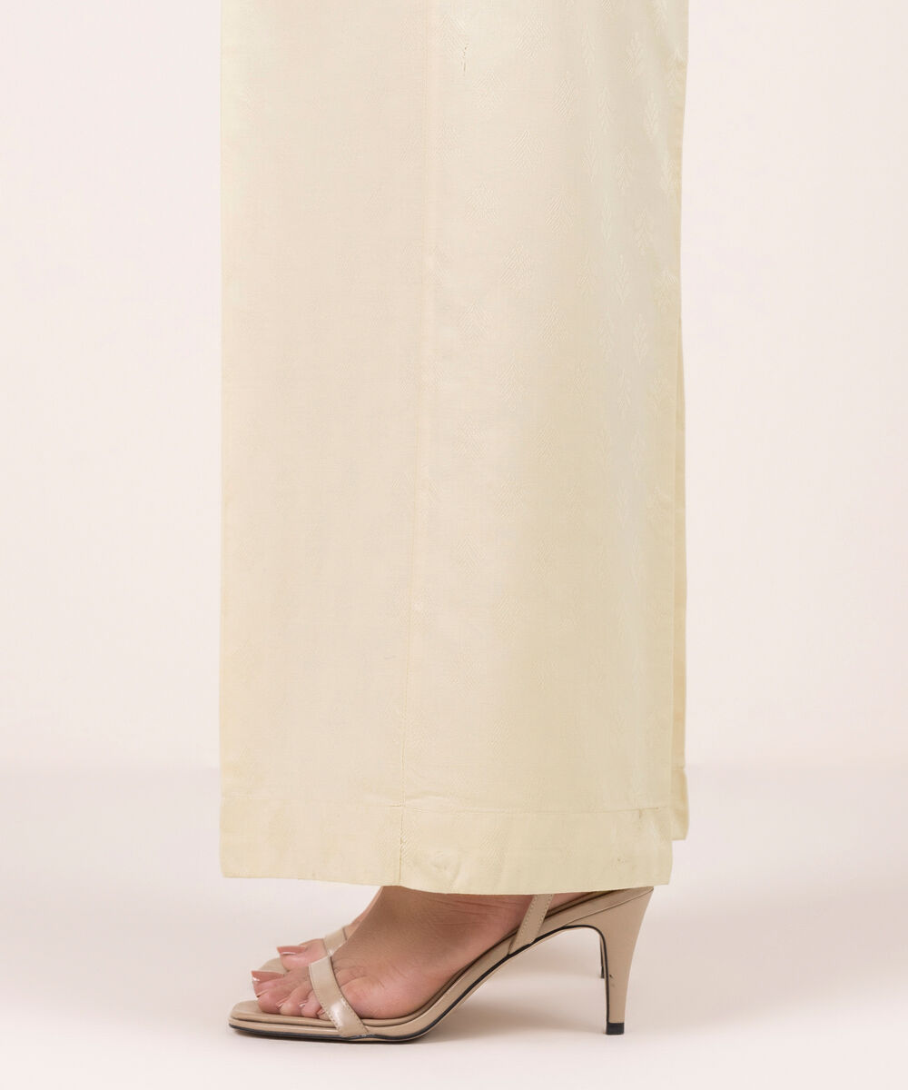 Women's RTW Self Jacquard Solid Beige Flared Pants