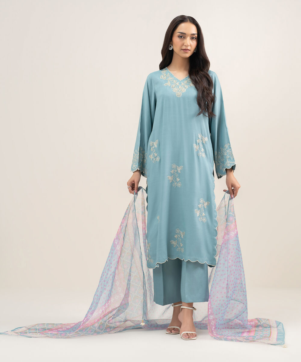 Women's RTW Viscose Raw Silk Embroidered Blue 3 Piece Suit