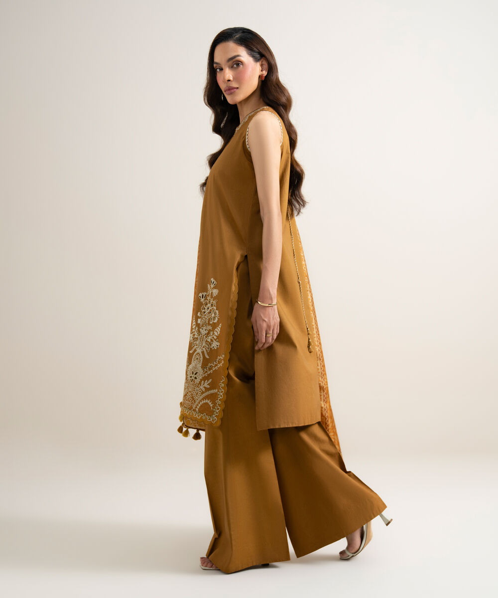 Women's Unstitched Textured Lawn Embroidered Mustard 3 Piece Suit