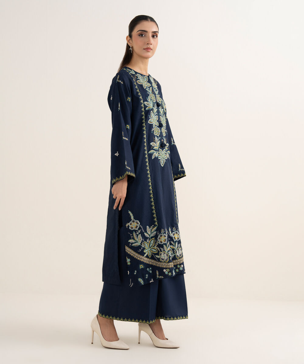 Women's RTW Self Jacquard Embroidered A-Line Blue Shirt