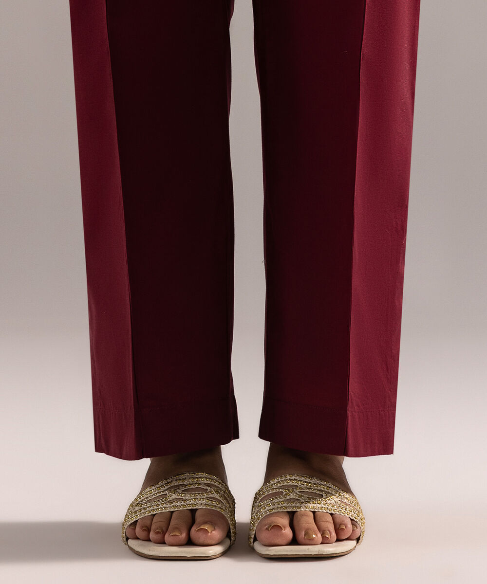 Women's RTW Cambric Solid Maroon Straight Pants