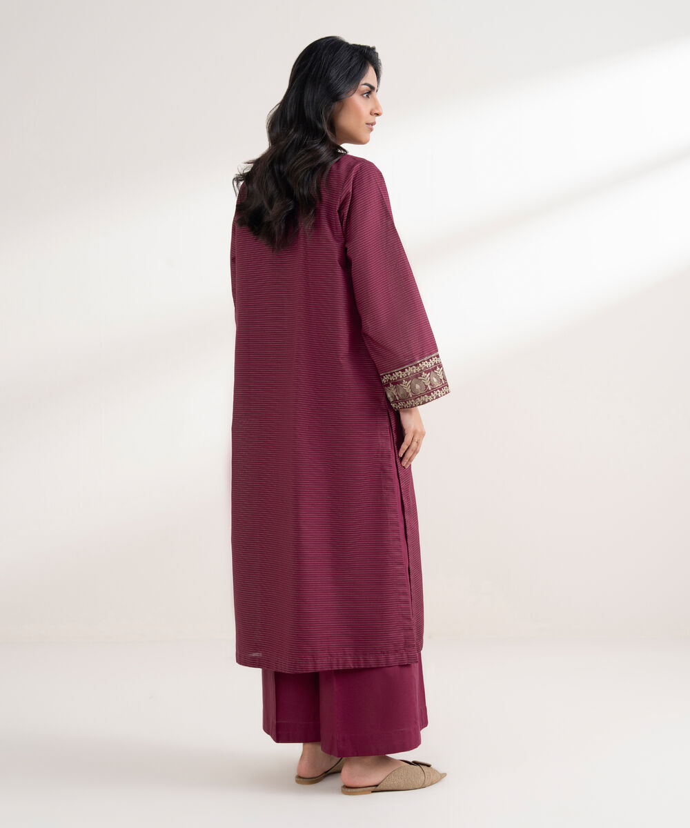 Women's RTW Zari Cotton Embroidered Straight Magenta Shirt