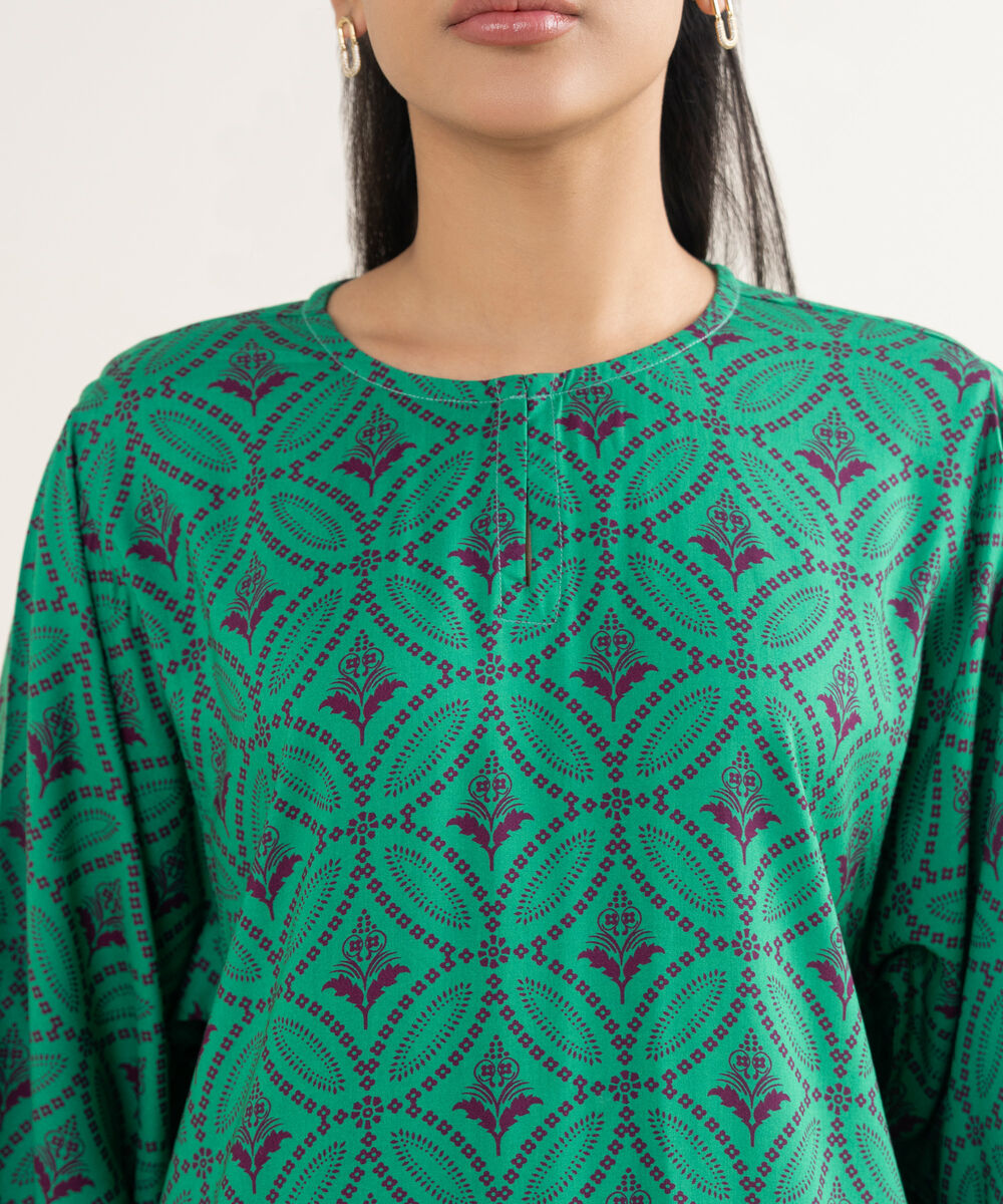 Women's RTW Linen Printed Green Straight Shirt