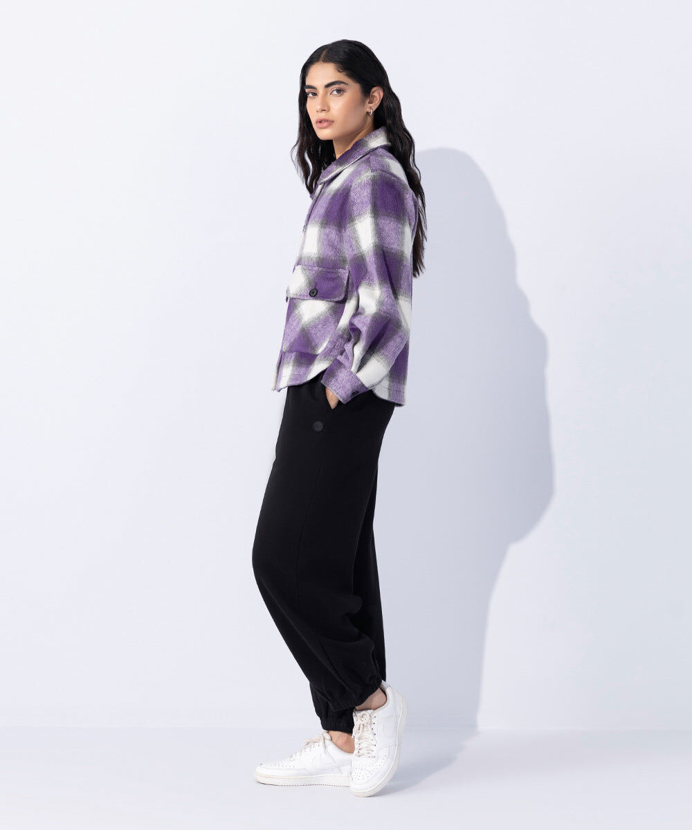 Woman - Purple Fuzzy Checkered Overshirt