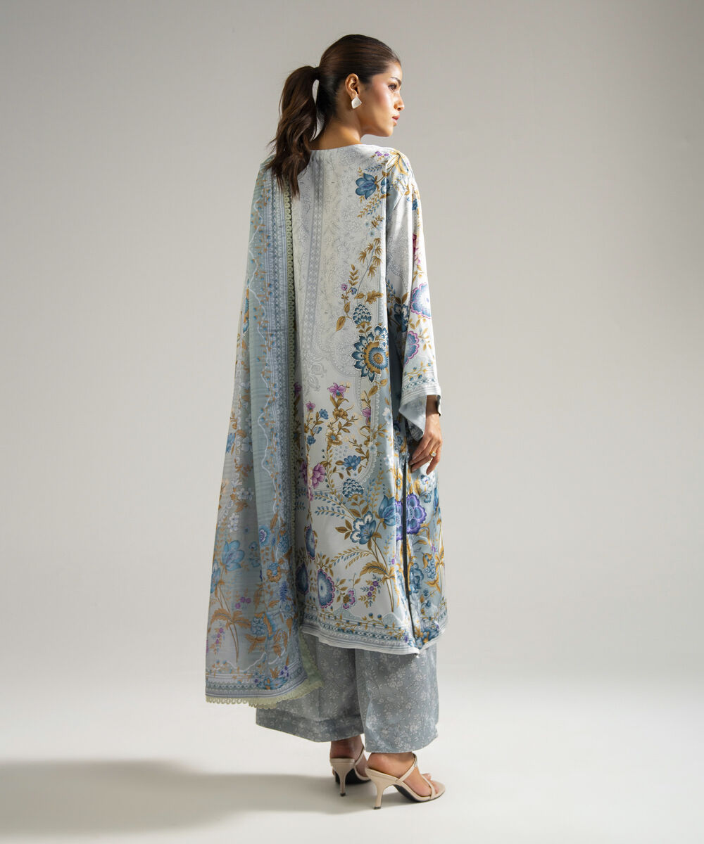 Women's RTW Blended Satin Printed Grey 3 Piece Suit