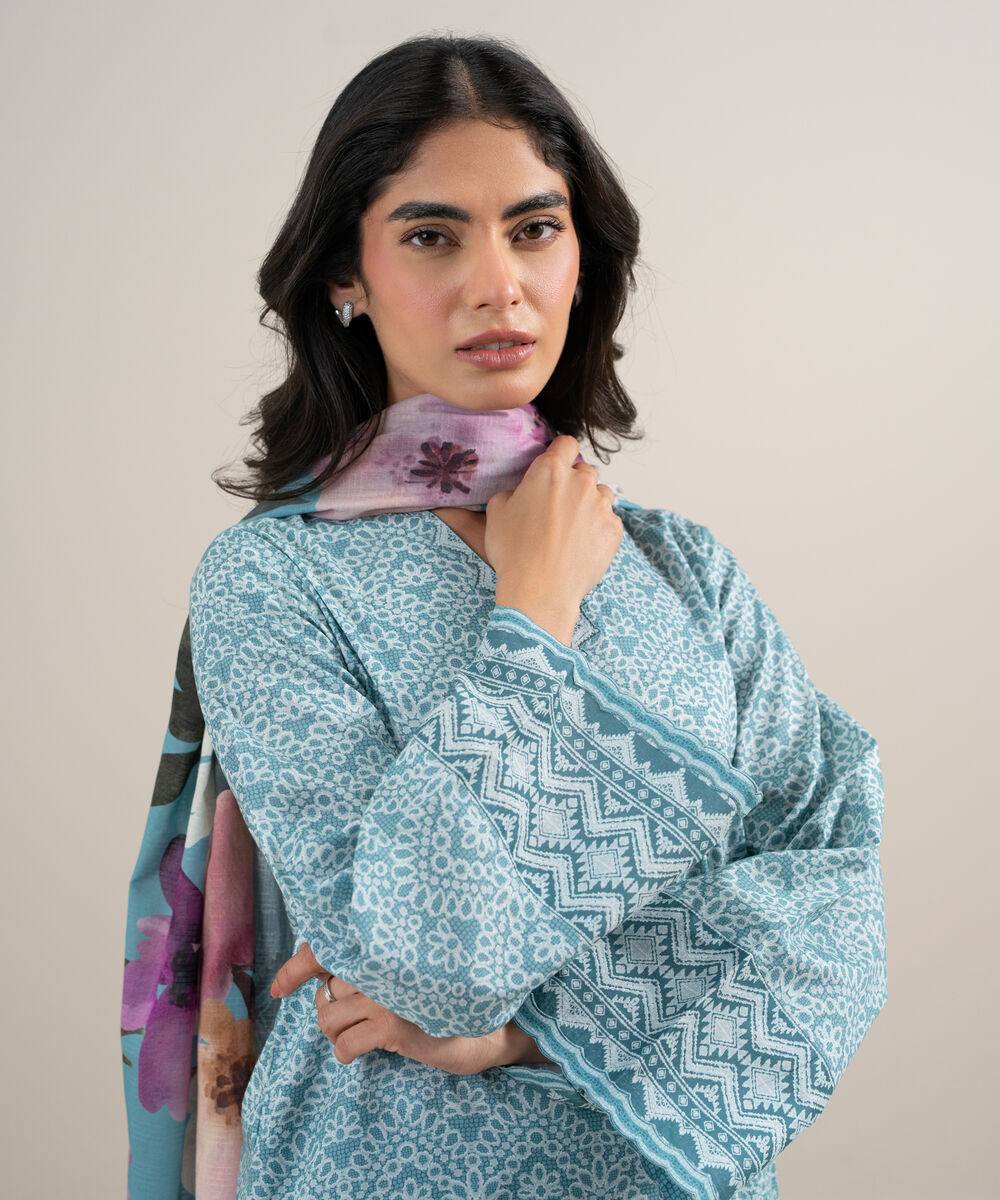 Women's Unstitched Lawn Printed Ice Blue 3 Piece Suit