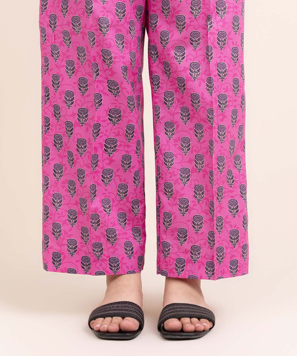 Woman - Pink Printed Cambric Straight Pants