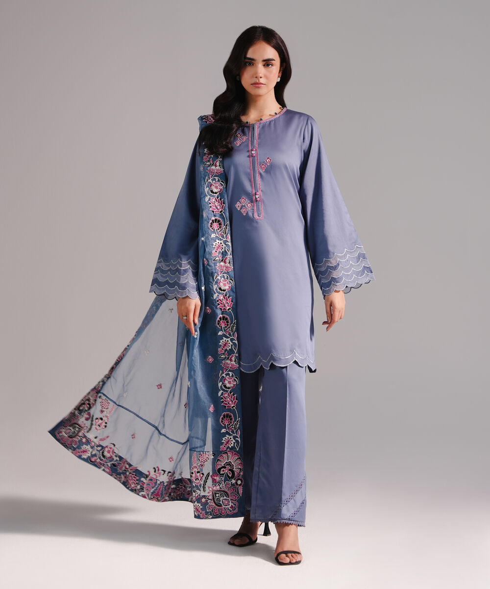 Blended Organza Embroidered Steel Blue Dupatta